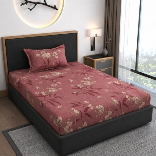 Image of Premium Heavy Cotton Elastic Fitted Bedsheets with 1 King Size Pillow Covers || Single Bed with All Around Elastic 350 TC || 36 x 78 x 6 Inch Single Size Fitted || :- Maroon Flower