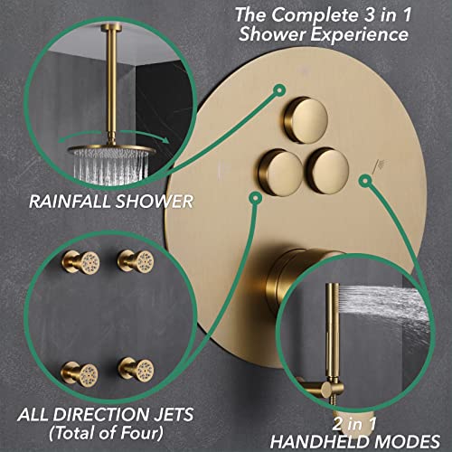 Vanfoxle Shower Faucet Set Brushed Gold Shower System,Push Button Diverter Shower Faucet With 2 In 1 Handheld,10 Inch Shower Head With 4 Pcs Two Modes Body Jets(Rough-In Valve Body And Trim Included) #TOP3