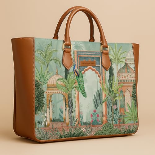 Image of The Purple Tree Handcrafted Women's Tote Bag with Vegan Leather Handles & Indian Prints, Shoulder Tote Bag and Handbag for Office and College (Pack of 1)
