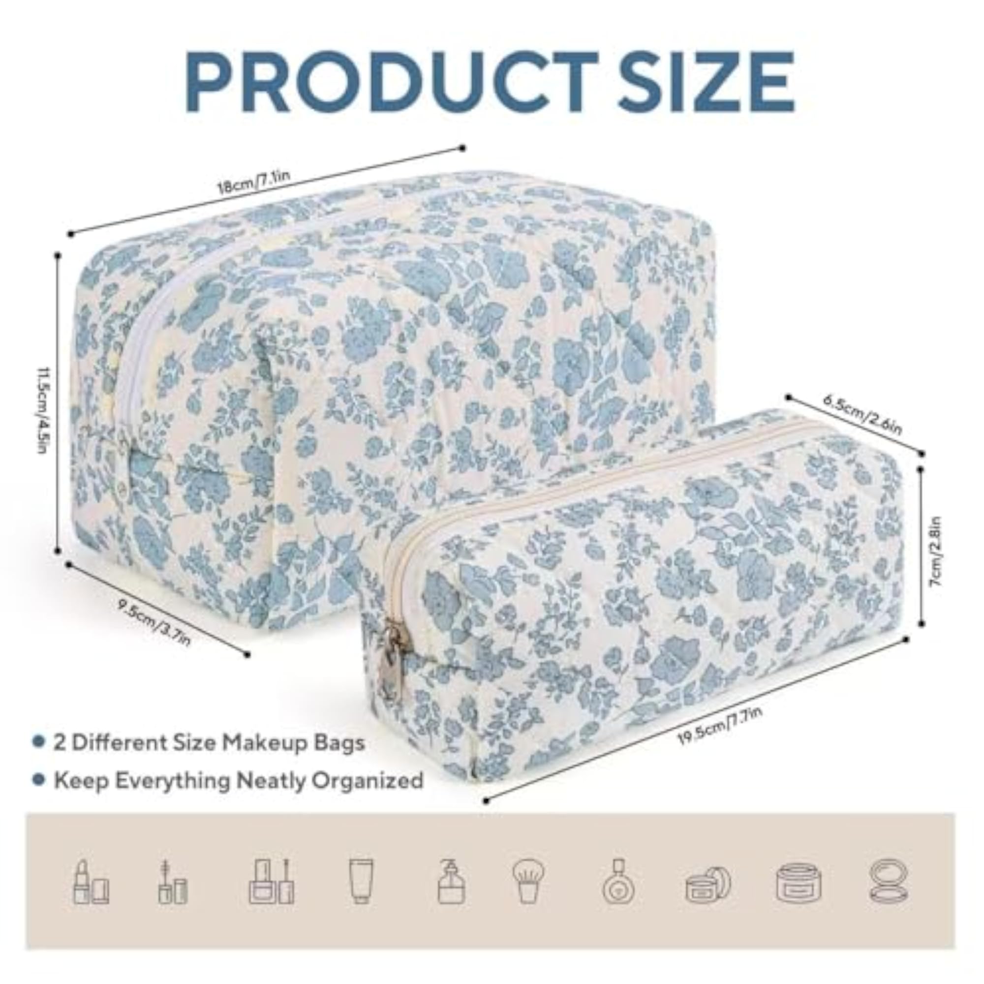 2 Pcs Cute Floral Quilted Makeup Bag Set for Women