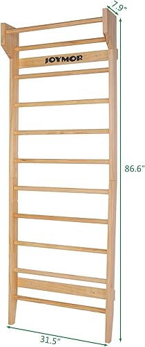 Miniatura 6 de JOYMOR Barra de gimnasia de madera, escalera sueca multiuso, barra de dominadas montada en la pared, terapia física para estiramientos y varios