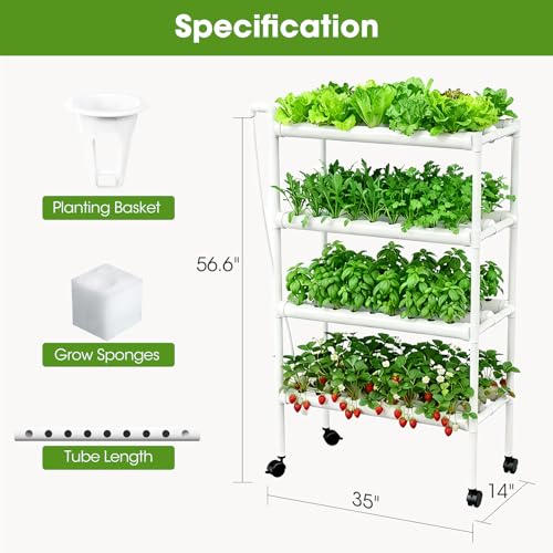 Hydroponics Growing System Kit with Wheels, 108 Plant Sites Gardening Aquaponics Tower, 4-Tier Food-Grade PVC-U Pipes Water Pump Timer for Leafy Vegetables, Indoor, Outdoor (34"x62"x15" in 108 Holes) - Image 8