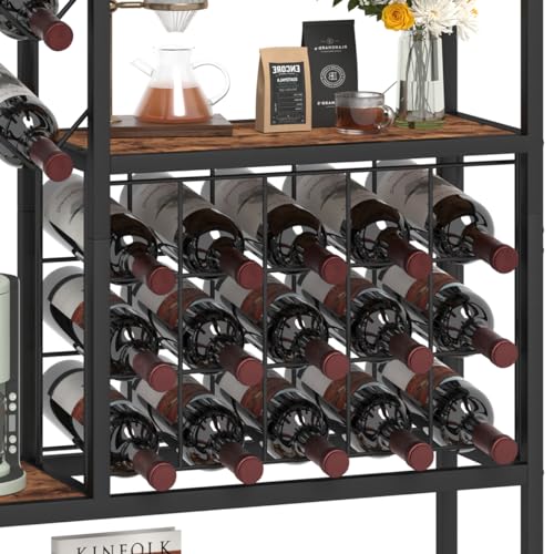 Launica Tall Wine Bar Cabinet, 5 Tier Industrial Liquor Cabinet with Glass Holder and Wine Storage, Farmhouse Metal Coffee Bar Cabinet with Storage for Home Kitchen Dining Room, Rustic Brown, 58 Inch - Thumbnail 6