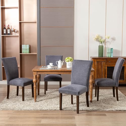 Image of COLAMY Upholstered Parsons Dining Chairs Set of 2, Fabric Dining Room Kitchen Side Chair with Nailhead Trim and Wood Legs - Dark Grey