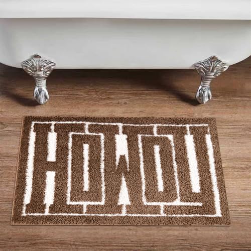 RoomTalks Howdy Bath Mat Brown Cowboy Country Rustic 16W x 24L Bathroom Mat Non Slip Rubber Backed Washable Shouthwestern Wild West Texas Shaggy Microfiber Shower Bath Rug