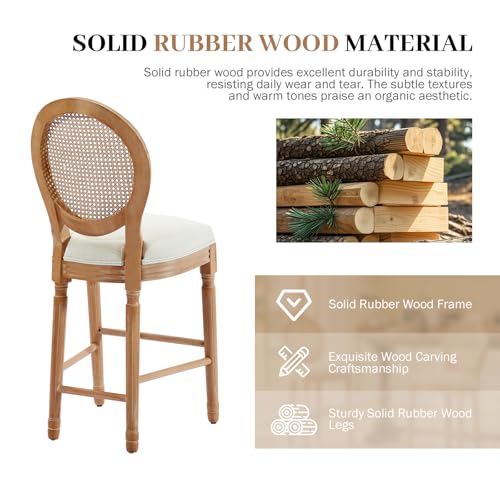 Image of Virabit French Country Bar Stool Set of 2, Rattan Counter Height Chairs with Solid Wood Frame and Upholstered Seating, 26 Inch Bar Stools