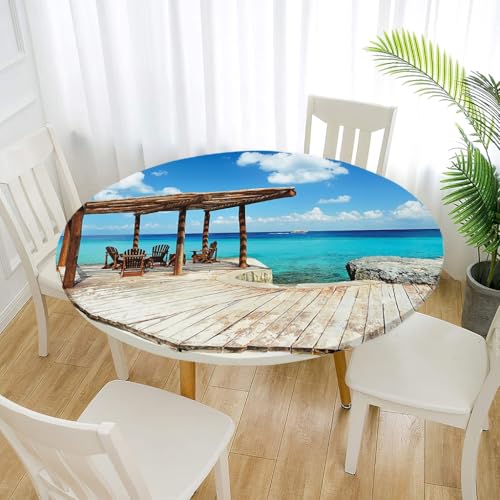 Treer Round Table Cover with Elastic, 3D Outdoor Garden Circle Table Cloth Fitted Stretch Fitted Tablecloth Non-Slip Round Table Protector for Decoration Camping Tabletop (Pavilion,110cm)