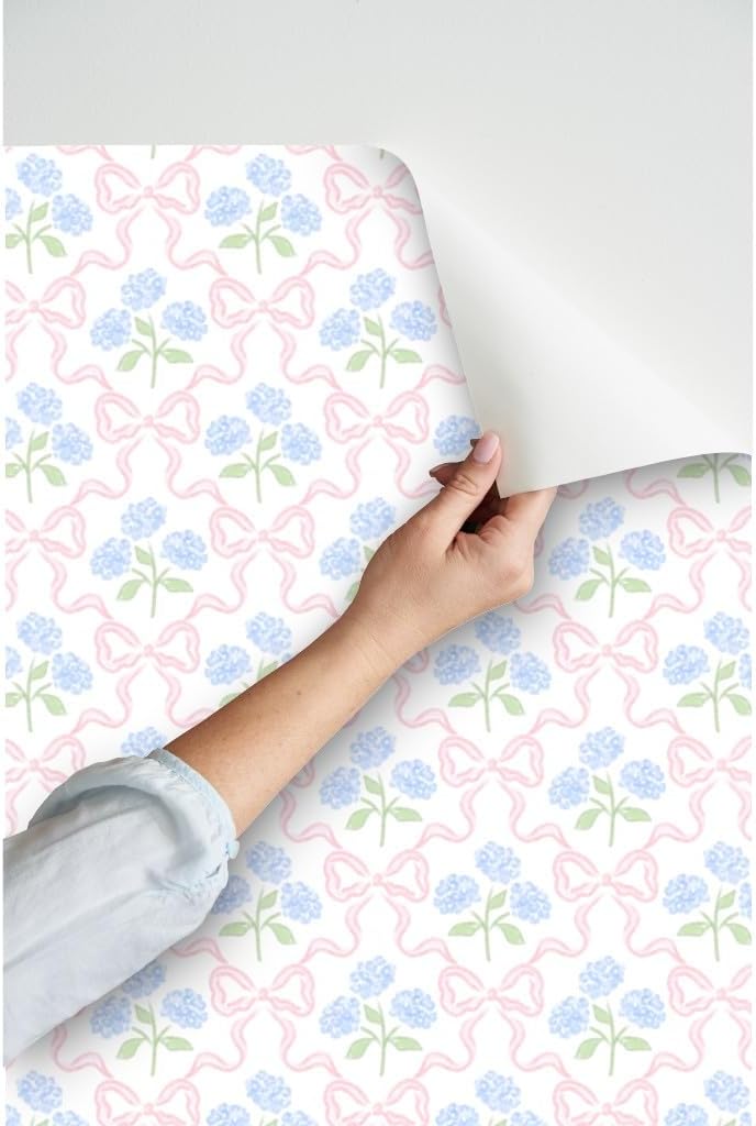 Spoonflower Peel & Stick Wallpaper 3ft x 2ft - Preppy Bow Floral Delicate Pastel Flowers Feminine Traditional Easter Hydrangea Blue Pink White Custom Removable Wallpaper