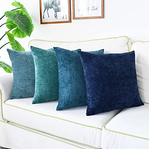 Calitime Throw Pillow Covers Set Of 4 Modern Multi-Color Matching Cozy Soft Chenille Cushion Cases Shells For Couch Sofa Home Decor 20 X 20 Inches Teal Navy Ocean Smoke Blue #TOP1