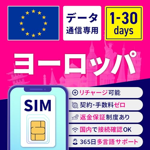 SIMカード ヨーロッパ ヨーロッパSIM ヨーロッパ用SIMカード 10日間 1GB/日 安心サポート リチャージ可能 返金保証 テザリング 高速データ通信 海外用SIM プリペイドSIM SIMフリー 海外出張 海外旅行 ワーホリ 短期留学