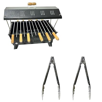 NE GRILLS Portable BBQ Grill & 2 Tong with Tray, & 12 Skewers | Cast Iron | Ideal for Camping, Hiking, Picnics, and Travel