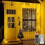 Ollny Lichtervorhang aussen 3×3m, 300 LED Lichterkette Vorhang mit 8 Modi, IP67 wasserdicht mit Fernbedienung, Timer und Dimmbar, für Weihnachten Tür Wand Party Fenster Balkon (Warmweiß)