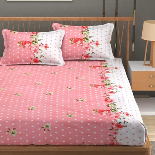 Image of Premium Heavy Cotton Elastic Fitted Bedsheets with 2 King Size Pillow Covers || Double Bed with All Around Elastic 350 TC || 72 x 78 x 10 Inch King Size Fitted || - Pink Dot