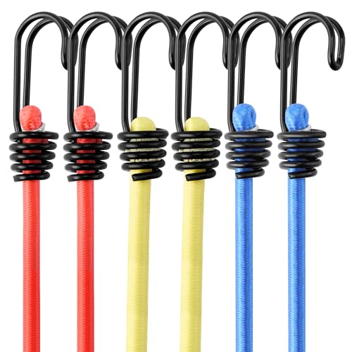 Image of Amazon Basics Flat Bungee Cord with Heavy-Duty Iron Hooks | Super Elastic Rubber Strap with Scratch-Resistant Coating & Color-Coded Size System (Red, Blue and Yellow)