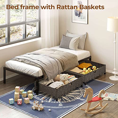 Rolanstar Bed Frame, Twin Bed Frame With 2 Rattan Baskets, 14 “ Metal Platform Bed Frame, Steel Slat Support, No Box Spring Needed, Easy Assembly, Noise Free, Bed With Large Storage Space Up To 350Lb #TOP1