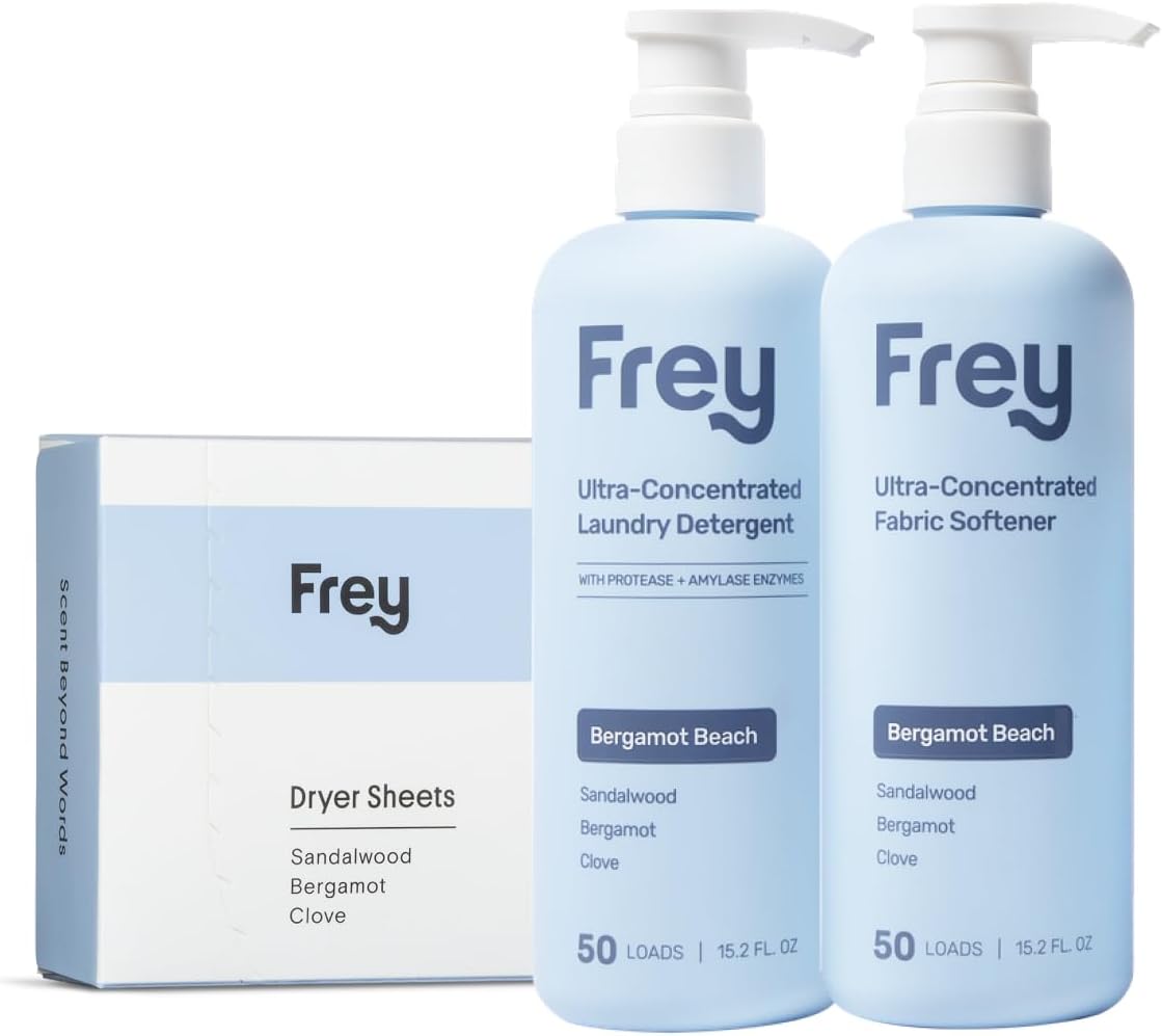 FREY The Complete Package - Concentrated Liquid Laundry Detergent, Fabric Softener, & Dryer Sheets (Sandalwood)
