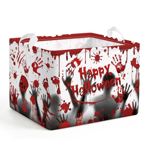 Image of Clastyle Large Spooky Halloween Baby Gift Basket Stuffers Boy Girl Pumpkin Bat Graveyard Boo Nursery Bin Kid Book Toy Box Collapsible Clothes Organizer for Bedroom, Blood Hand, 40 * 30 * 30 cm