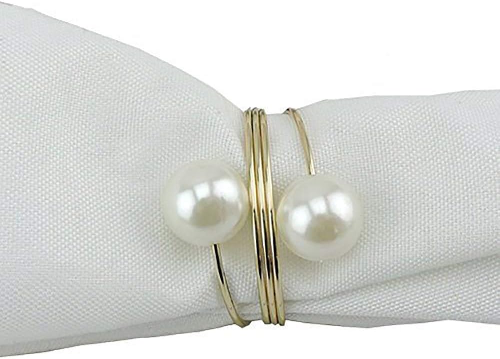Elinq Set of 12 Imitation Pearls Napkin Rings for Wedding, Party, Holiday, Dinner Decor(Gold)