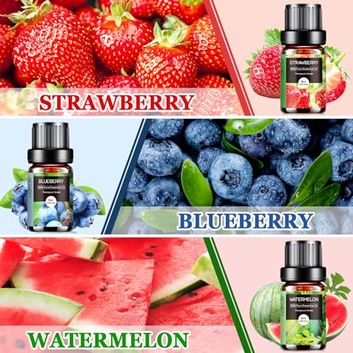 AESHORY Fruchtig Ätherische Öle Set für Diffuser 6 x 10ML, Aromatherapie Duftöl Geschenkset, 100% Naturrein Aroma Öl für Luftbefeuchter - Erdbeere, Heidelbeere, Kirsche, Kokosnuss, Wassermelone, Mango