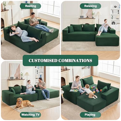 Image of Mangodan 110 inch Cloud Sectional Couch, Boneless Sofa for Living Room, Modular Sectional Sofa with Deep Seat, Comfy Fluffy Couch with L-Shaped Chaise, No Assembly Required (Right-Facing Chaise, Green)