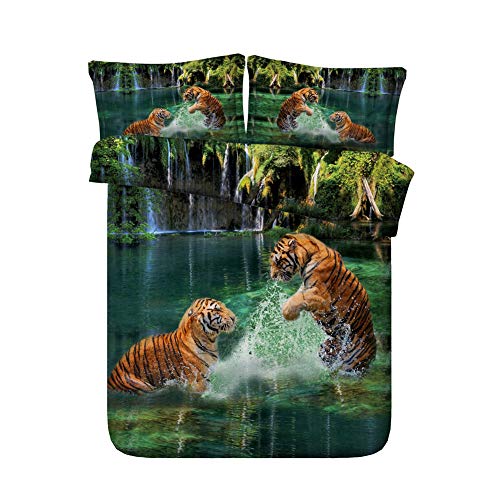 DOTBUY Parure de lit pour 2 Personnes, Housse de Couette 3 pièces en Microfibre avec 2 Taies d?Oreiller Ensemble de Literie Chambre à Coucher 3D Tigre
