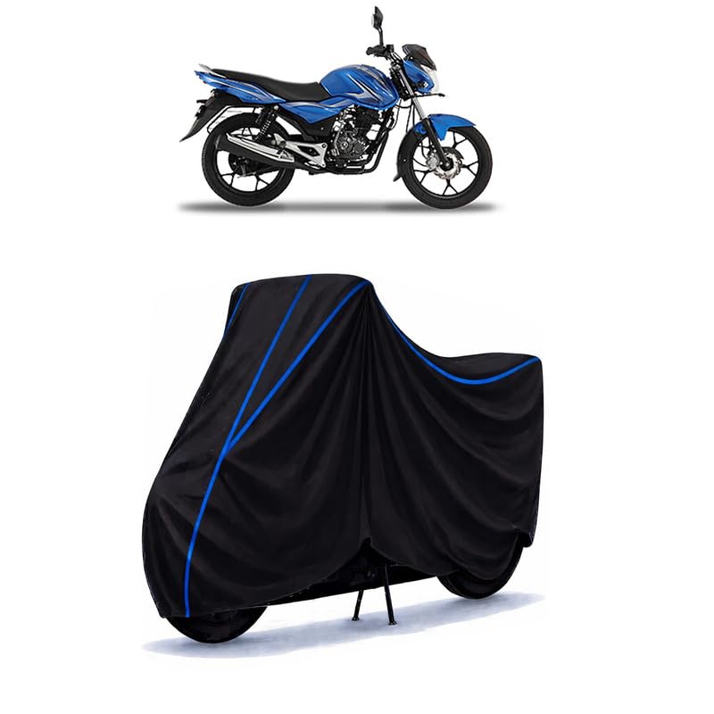 Image of Bajaj Discover 100 T Bike Cover Water Resistant Universal Motorcycle Rain | Heavy Duty UV Protection, Dust, Scratch Indoor Outdoor All Weather with Black Blue Piping Elastic