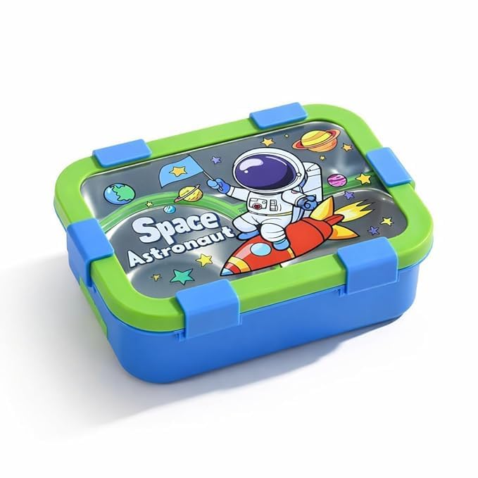 Image of Stainless Steel Kids Lunch Box - 3 Compartment 650ML Tiffin Box with Locking Clips - Blue Space Astronaut Design | BPA-Free, Lightweight | Ideal for Boys & Girls School Lunch