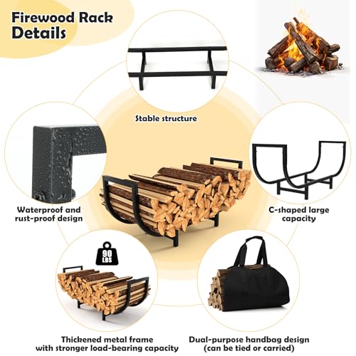 Firewood Rack Indoor with Log Carrier 34Inch Fireplace Wood Holder, Black Outdoor Firewood Storage Organizer Stable Metal Wood Rack Heavy Duty Log Holder for Fireplace Patio Deck, Wood Carrier Tool - Thumbnail 4