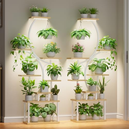 Image of BACEKOLL Plant Stand Indoor with Grow Light - 2 Pack Tall Indoor Plant Shelf, 62 inch Corner Plant Holder, 8 Tiered Large S-Shape Flower Multiple Display Shelf for Home, White