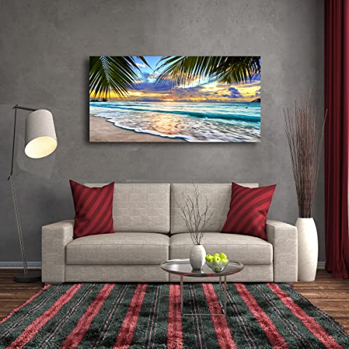 Beach Canvas Wall Art Seascape Theme Pictures Home Decor Blue Ocean White Wave Palm Tree Prints Paintings For Living Room Bathroom Bedroom Kitchen Office Decoration Natural Scenery Artwork 20X40Inches #TOP3