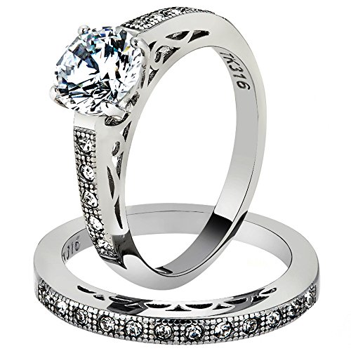 Marimor Jewelry 1.39 Carat Round Cut AAA Cubic Zirconia Stainless Steel Wedding Band Ring Set Women's Size 5-10