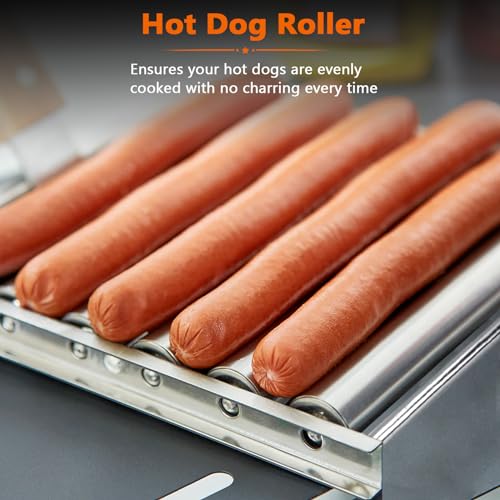 KAYCROWN Hot Dog Roller for Grill Stainless Steel BBQ Hot Dog Grill Roller with Wooden Handle, Sausage Roller Rack for Evenly Cooked Hot Dogs, 4 BBQ Skewers Included, 5 Hot Dog Capacity, Large