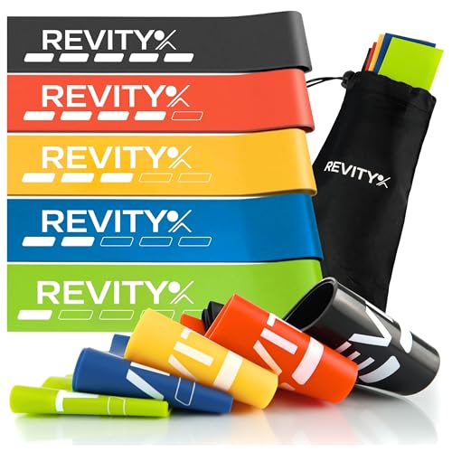 Revity Fitnessbänder 5er Set - Widerstandsbänder aus 100 % Naturlatex (5-25 kg), Reißfest, Langlebig, Inklusive 30-Tage-Trainingsplan als PDF und Tragetasche - Heimtraining, Reha, Pilates, Yoga