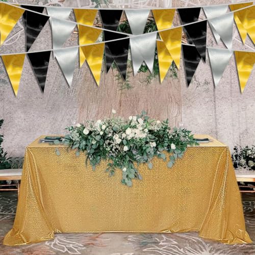 Image of 40M /130FT Black Gold Silver Triangle Pennant Banner Flag Metallic Fabric Bunting Garland for Christmas Wall Hanging,Graduation Decorations, New Years Decorations,Father' Da
