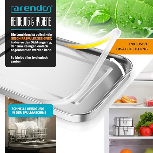 Arendo - Lunchbox Edelstahl – Brotdose 1400 ml – mit Fächern – zwei entnehmbare Trennwände - auslaufsicher dank Silikondichtung - Metall lebensmittelecht - Kinder und Erwachsene