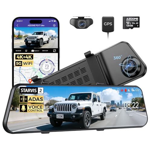 AZDOME 4K+4K Mirror Dash Cam Front and Rear with AR effects, ADAS Rear View Mirror Camera, STARVIS 2 12" Rearview Mirror Dashcam with Dual HDR, 5.8GHz WiFi, Voice Control, GPS, 128GB Card (PG17 Ultra)