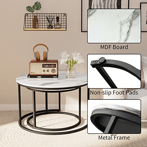 Smuxee Wooden Marble Pattern Nesting Coffee Table Set Of 2, 31.5" Round Coffee Table With Adjustable Non-Slip Feet, Industrial End Table For Living Room Bedroom Balcony Yard (Marble Pattern 31.5") #TOP2