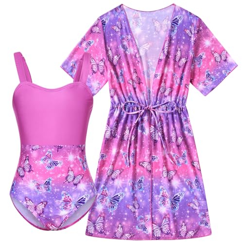 Image of Funnycokid Girls Bathing Suits One Piece Swimsuit with Cover Up Kids Swim Suit Size 8-16