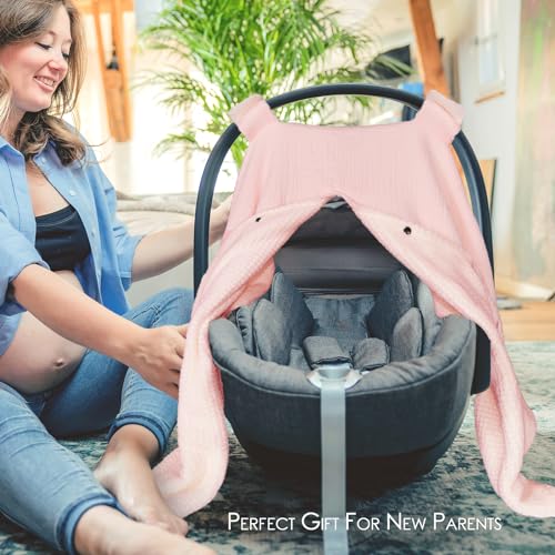 Image of Muslin Cotton Baby car seat Canopy Cover with Flannel for Winter,Multi-Use Mom Nursing Breastfeeding Cover,Flannel Blanket for Infant,Pink.