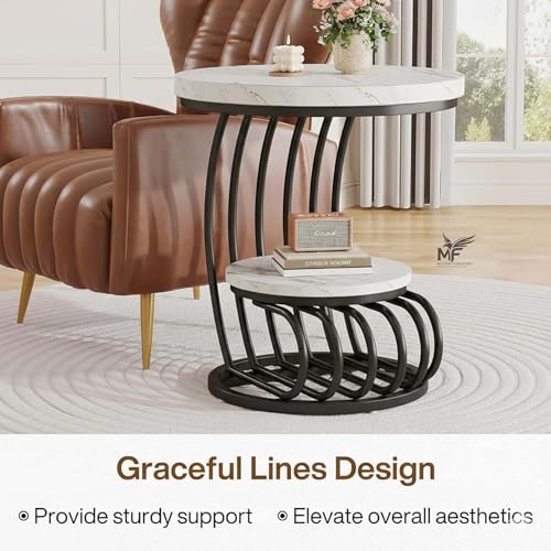 Image of MELVON End Table /Side Table with White Marble Look Engineered Wood Top & Black Metal Frame, 2 Tier Storage for Living Room, Bedroom & Bedside | Black & White