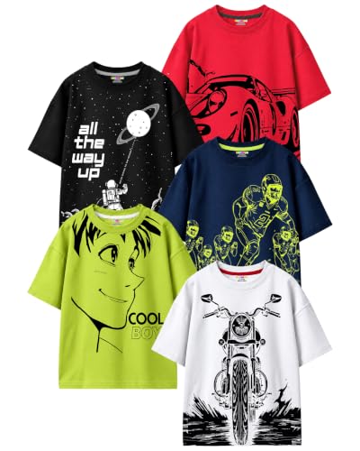 Image of Kuchipoo Boys Cotton Printed T-Shirts | Half Sleeve Round Neck | Soft & Comfortable Casual Wear for Kids | Pack of 5