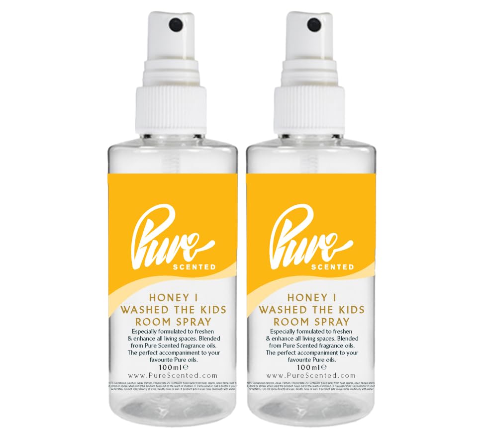 "Pure Scented 200ml Room & Fabric Sprays 2 x 100ml Suitable For Home, Car, Caravan, Work, Gym Bags, Odour Eliminators (2 x 100ml, Honey I Washed The Kids)"