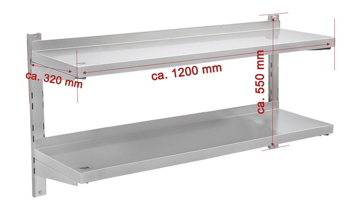 Beeketal 'BWR-6' Gastro Edelstahl Küchen Wandregal 1200 mm Länge x 320 mm Tiefe, 2 Ablageflächen mit je 35 kg Tragkraft, rückseitige Aufkantung, 4-Fach höhenverstellbar, inkl. Wandmontagematerial