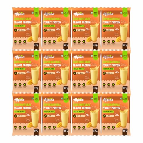 Image of Alpino Supernatural Peanut Protein Powder Kesar Mango 444g (37g x Pack of 12) - 25g Plant Based Protein, 6.1g BCAAs, No Added Sugar, Vegan
