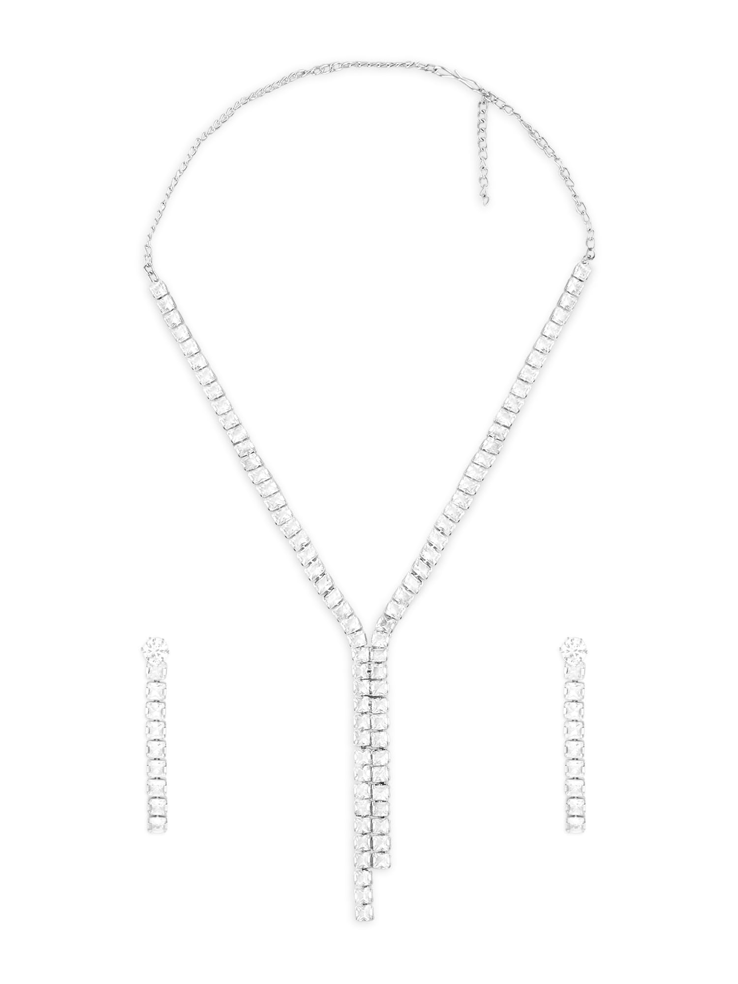 ZAVERI PEARLS Silver Tone Dazzling Party Bling Minimal Necklace & Earring Set For Women-ZPFK17646 (B0CXDR3RFV) Amazon Price History, Amazon Price Tracker