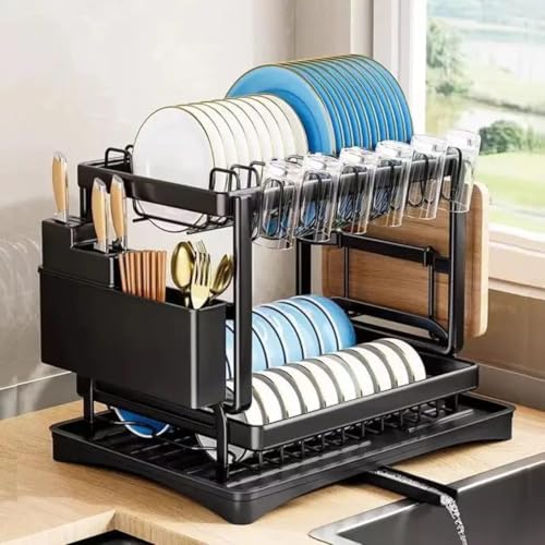 Image of HomeCloud 2-Tier Kitchen Dish Drying Rack & Drainer | Large Capacity Dish Stand with 360 Flexible Drainage System, Removable Drip Tray, Cutlery Holder & Cup Organizer for Countertop (Dark Black)