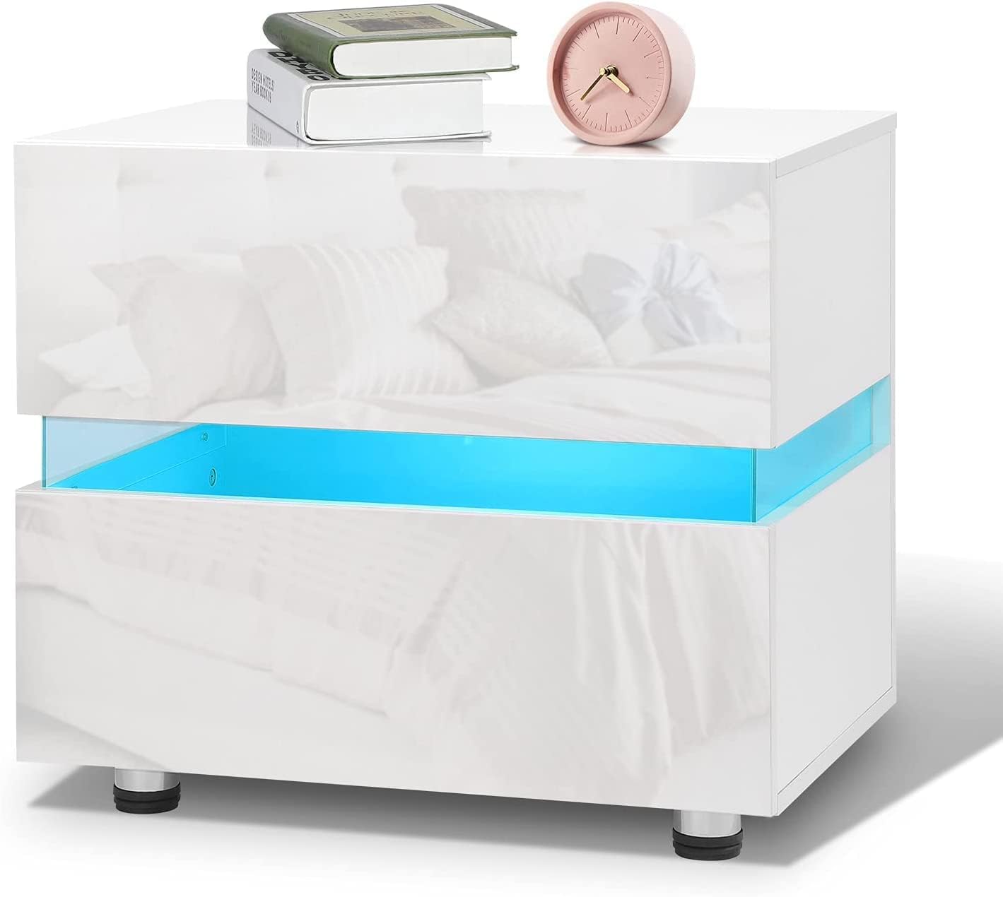 Buy Table Nightstand Bedside Table High Gloss Front Drawer Side Table with Led Light
