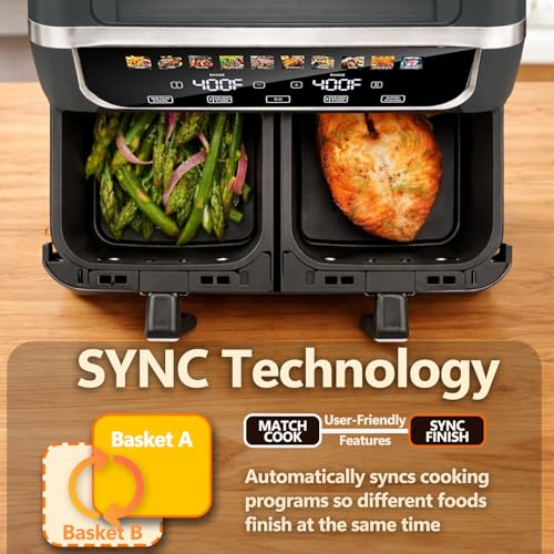 Image of Simple Deluxe 9.5-Qt Dual Basket Air Fryer, 10-in-1 Digital Preset 1700W Airfryer, Sync Cook, Independent Temp Control, Shake Reminder, Nonstick Basket, Grey