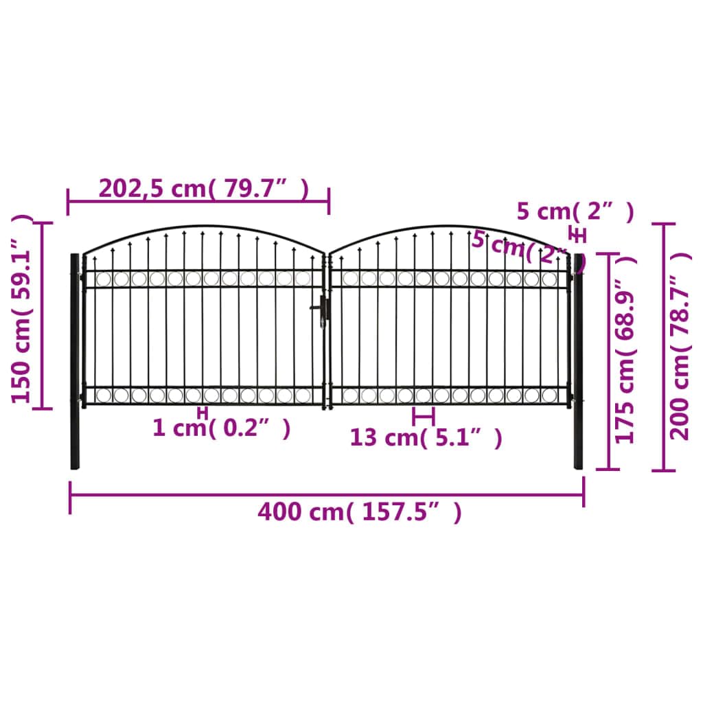 vidaXL Fence Gate Double Door with Arched Top Outdoor Garden Patio Yard Lockable Durable Stable Entryway Fencing Barrier Door Steel 400x150cm Black