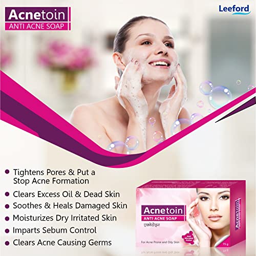Image of Leeford Women's Acnetoin Anti Acne Bathing Soap Bar Combo Pack, Enriched With Tea Tree Oil & Vitamin E, Helps in Acne, Pimples For Oily Skin (75g Each Each) -Pack of 6
